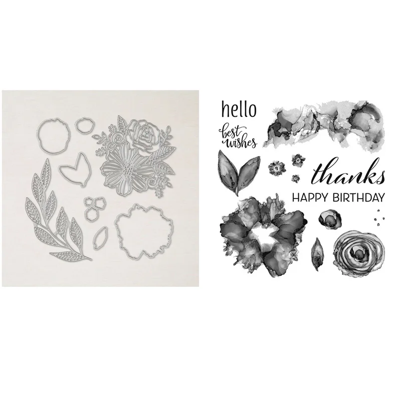 

Artistically Inked Stamp Set and Coordinating Dies Flowers, Leaves, ,Watercolor Washes Clear Stamps For DIY Scrapbooking Card