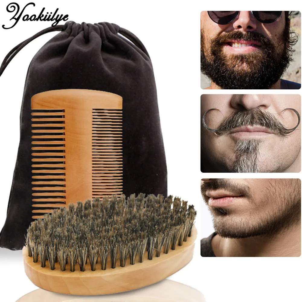 

Natural Soft Boar Bristle Wood Beard Brush Beard Hair Comb Set Hairdresser Shaving Tools for Men Mustache Comb Kit With Bag