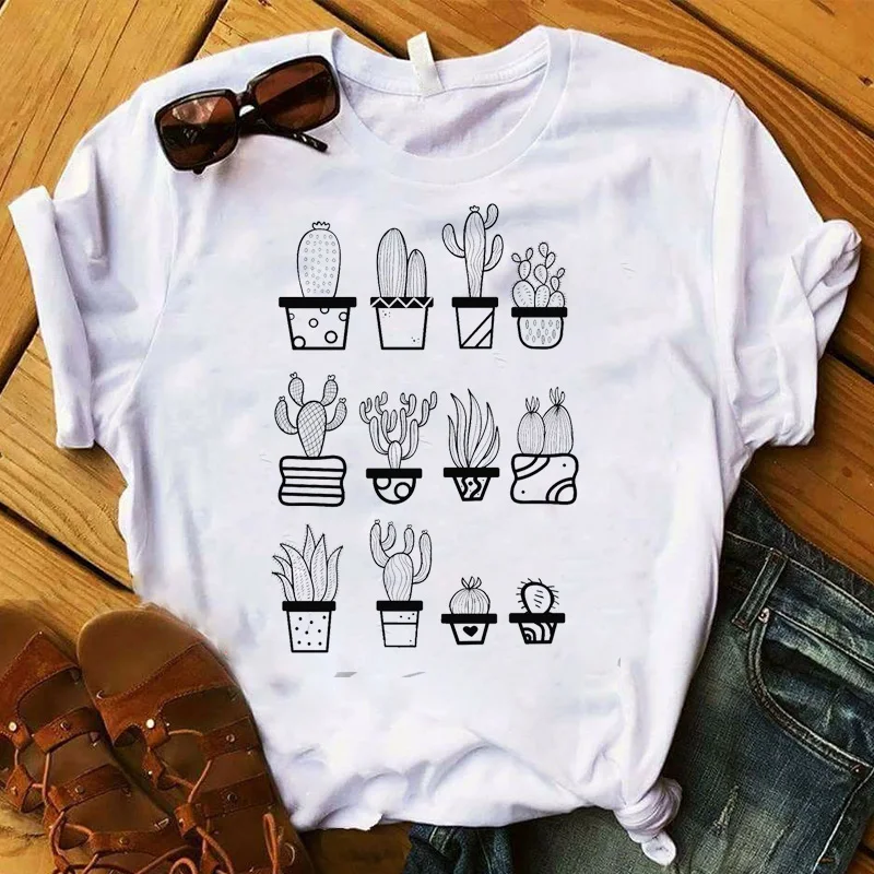 

Women Lady T Shirt Cactus Flower Printed Tshirt Ladies Short Sleeve Loose Tee Shirt Women Female Tops Clothes Graphic T-shirt