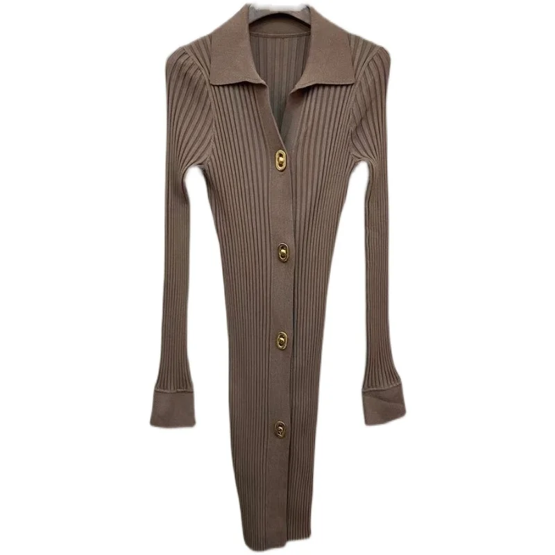 

Korean Style Womens Fashion Skinny Dress Office Lady Sexy Turn-Down Collar Single Breasted Long Sleeve Knee Length Knitted Dress