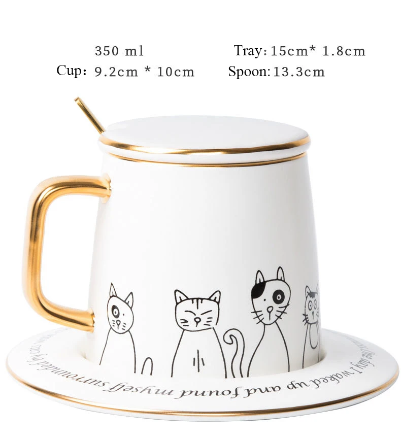 Керамические кофейные чашки с милым котом Мультяшные кружки подносом и ложкой