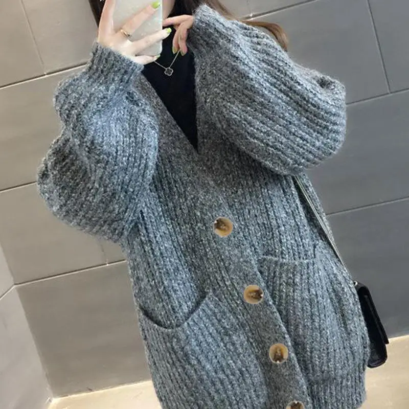 

Women Autumn Winter Knitted Cardigan Female V Neck Casual 2022 Twist Sweaters Ladies Solid Loose Long Sleeve Outerwear Q114