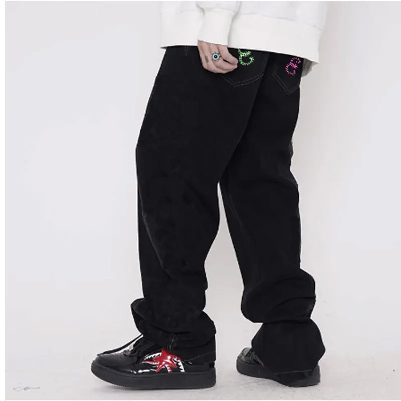 

European And American High Street Wash Print Denim Trousers, Male Hip-Hop Wide Leg Straight Pants