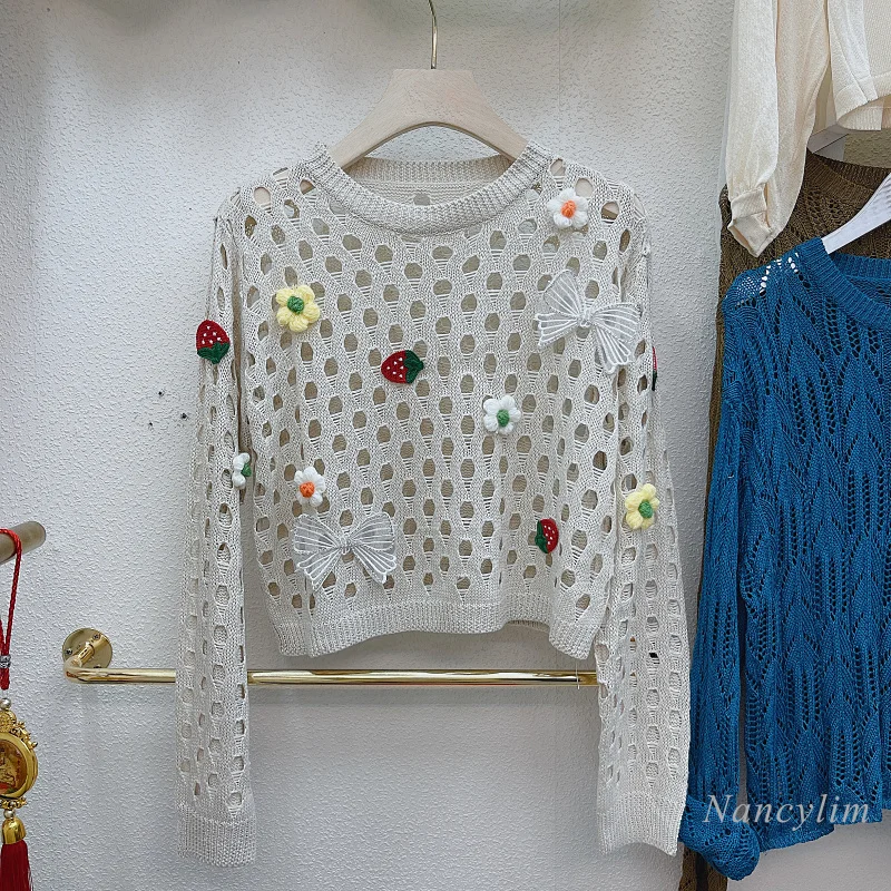 

2021 New Autumn Sweater Woman New Sequined Diamonds Crocheted Hollow Knitted Pullovers Loose Top Pull Femme Nancylim