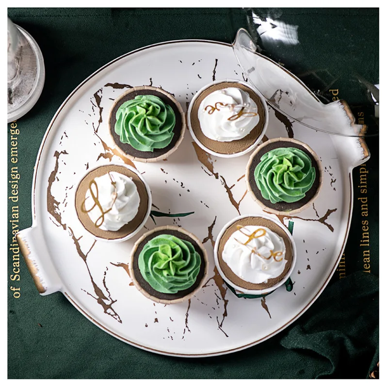 

Marble Ceramic Fruit Snack Bread Dessert Plate Tray with Handle Cover Cake Plate Stand Display Tableware