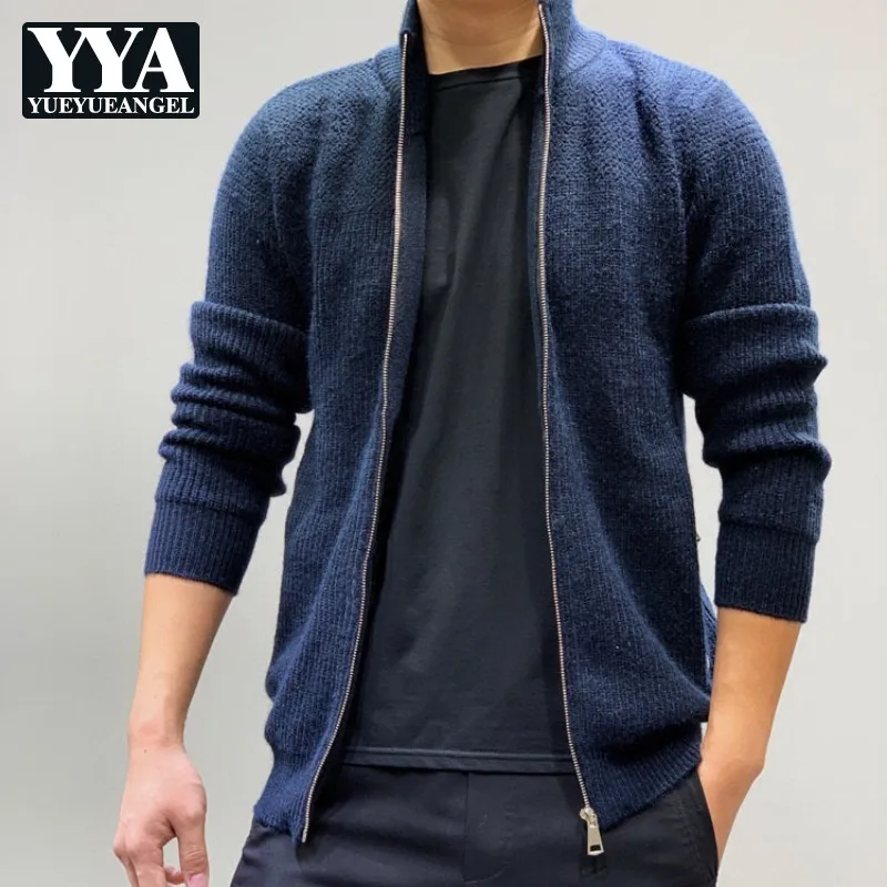 

Autumn Winter Man Wool Blends Cardigan Zipper Pockets Stand Collar Casual Streetwear Jacket Korean Style Warm Knitting Sweaters