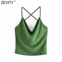 zevity women fashion spaghetti strap sexy chic green camis tank ladies summer backless lace up sling tops ls9705