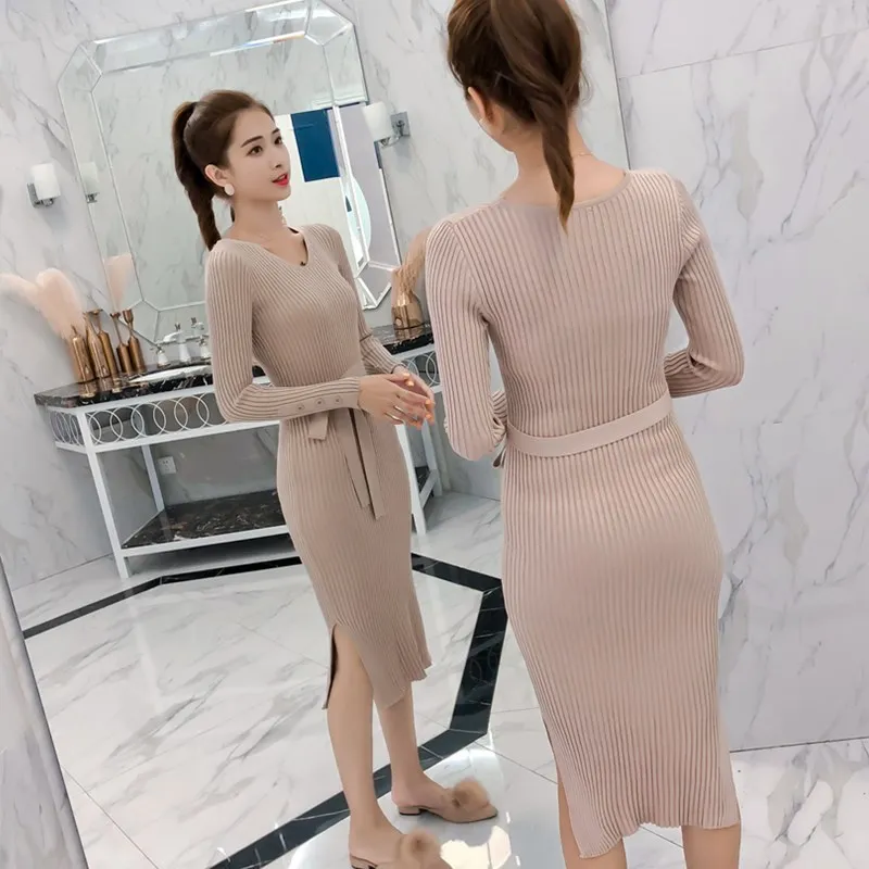 2019 осенне-зимнее женское платье-свитер эластичное Повседневное трикотажное