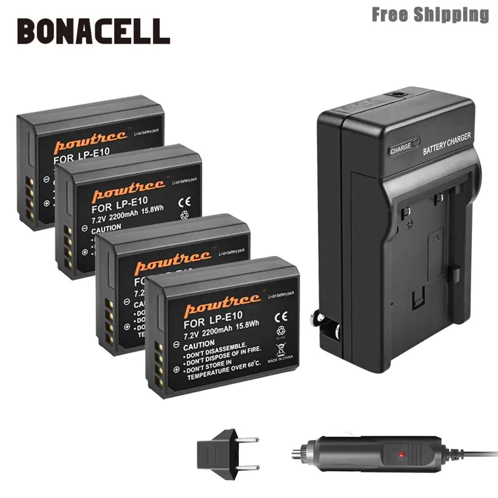 Bonacell 2200 мА/ч, LP-E10 LP E10 LPE10 Камера Батарея+ Зарядное устройство для Canon 1100D 1200D 1300D Rebel T3 T5 поцелуй X50 X70 Батарея L50 - Цвет: 4 Pack Battery