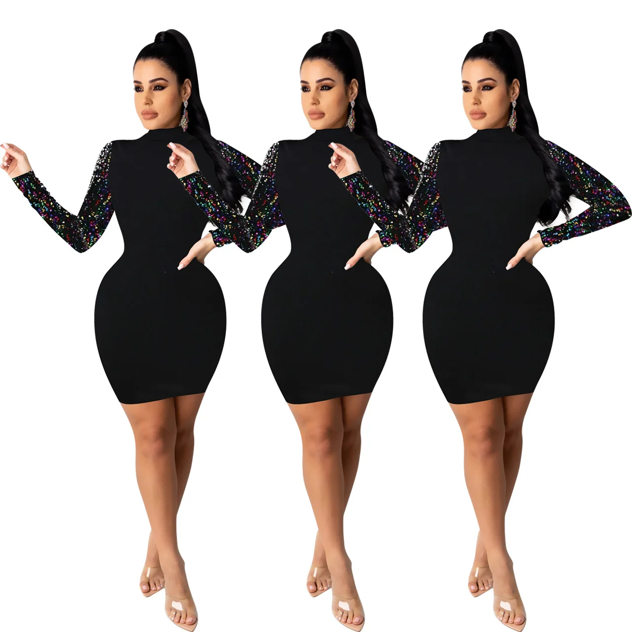 

Luxury Europe and the United States Hot Sale Exclusively for Pure Color Sequined All-match Dress Women's Round Neck A-line Skirt