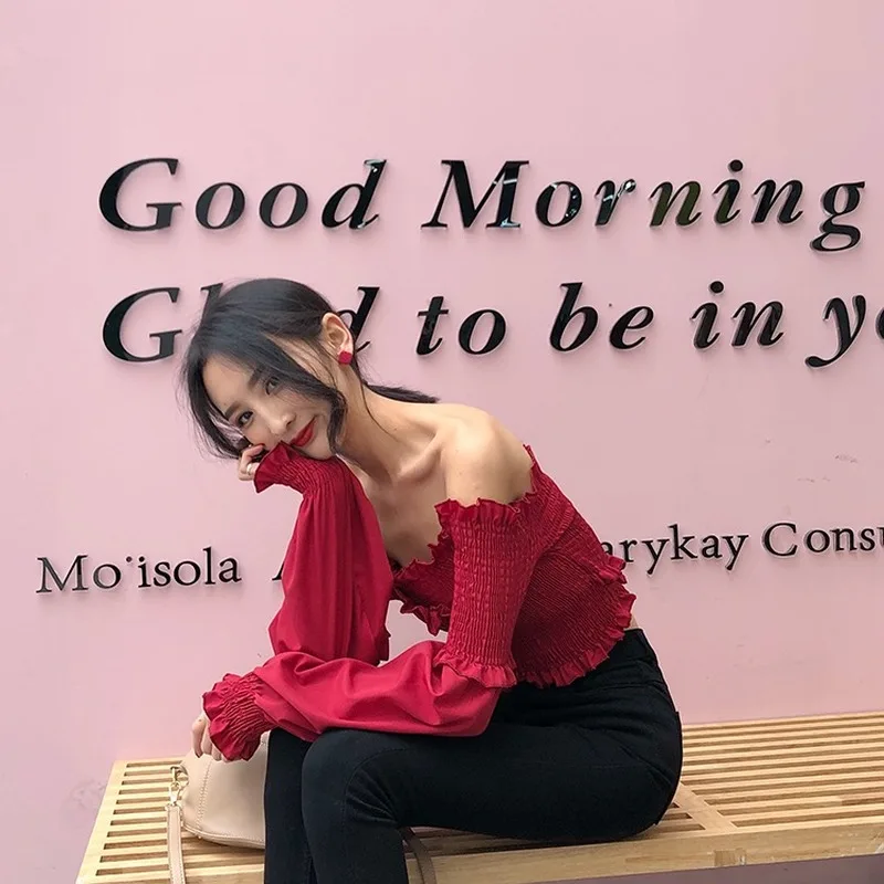 

2021 Spring New Slash Neck Spliced Sleeve Short Blouse Women Sexy Long Sleeve Blouses Blusas Mujer De Moda Ruffles Tops 13308