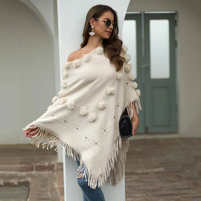 

Lugentolo Elegant Knitted Ponchos and Capes Women Fringed Cloak Hair Ball Beaded Round Neck Sweater Women