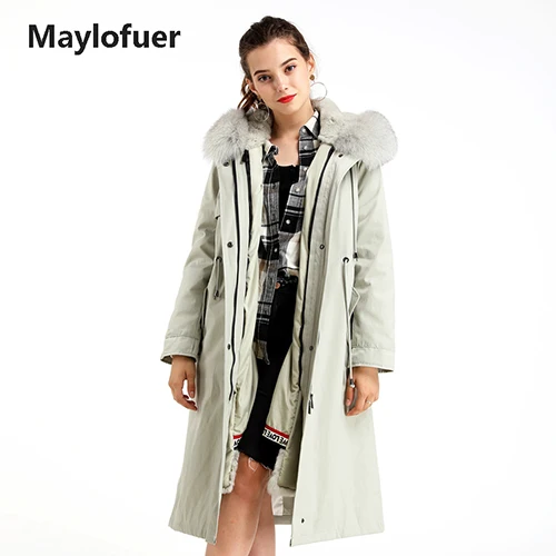 Maylofuer Настоящий мех кролика теплая парка классический стиль для женщин натуральный мех пальто с капюшоном зимние меховые парки с полиэстеровой подкладкой - Цвет: Светло-зеленый