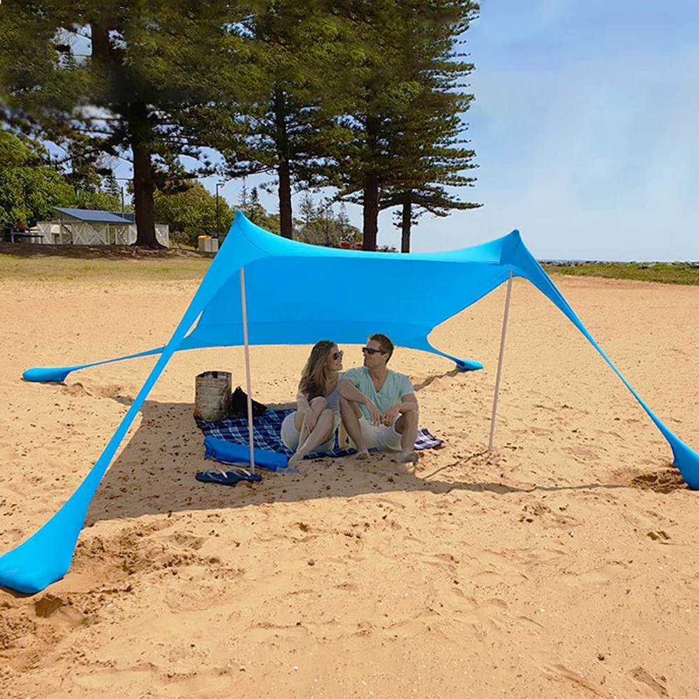 구매 태양 그늘 텐트 세트 샌드백 UV 라이크라 휴대용 대형 가족 캐노피 야외 낚시 캠핑 해변 양산 천막 접근