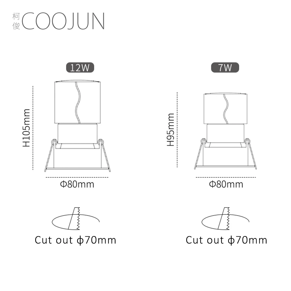 COOJUN Встраиваемый прожектор с регулируемой яркостью светодиодный 7 Вт 3000 К Ra≥ 93