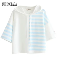 yupinciaga harajuku japan style sweet loose stitching striped tshirt pullover womens hooded half sleeves casual cotton tops tee