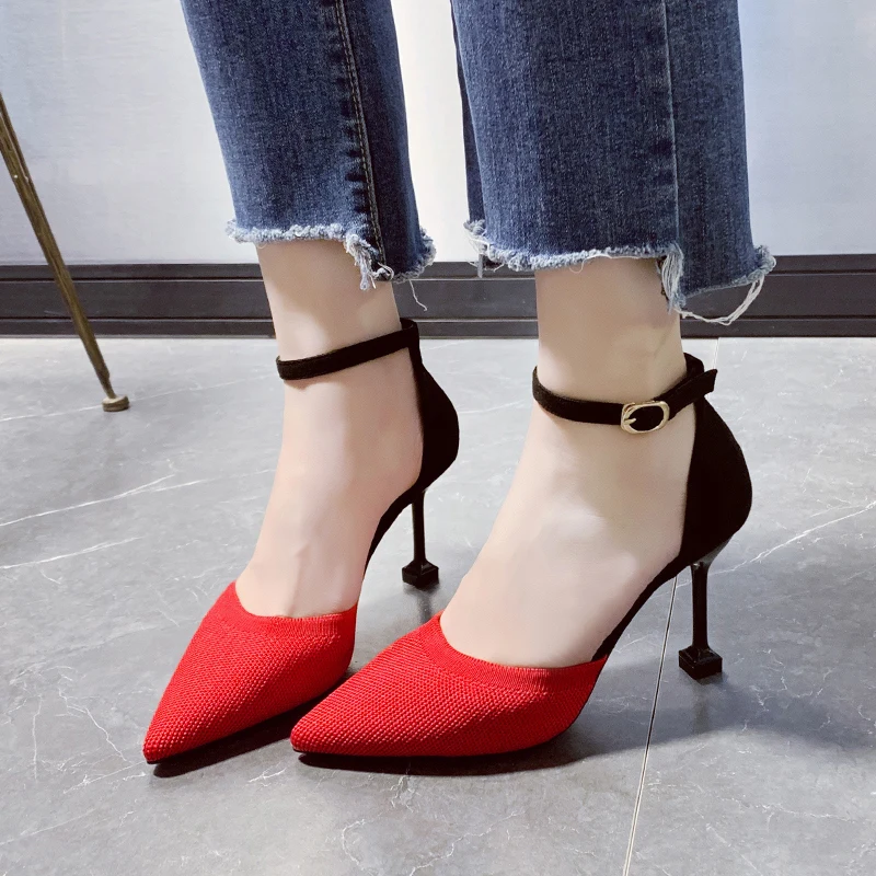 

Square High Heel Buckle Strap Anti-skid Fashion Shallow Single Shoes 2020 Fashion Women Pumps Pointed Toe PU Leather U14-76