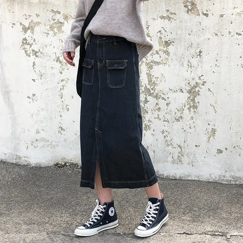 Женская джинсовая юбка с завышенной талией повседневная трапециевидная длинная