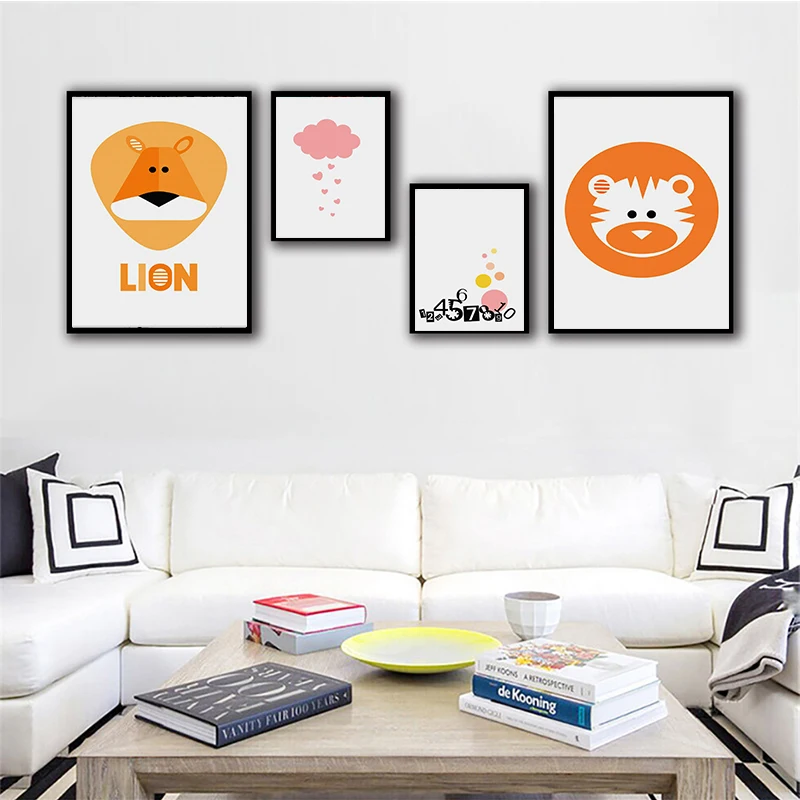 Мультяшный лев тигр розовые облака холст художественные картины скандинавские