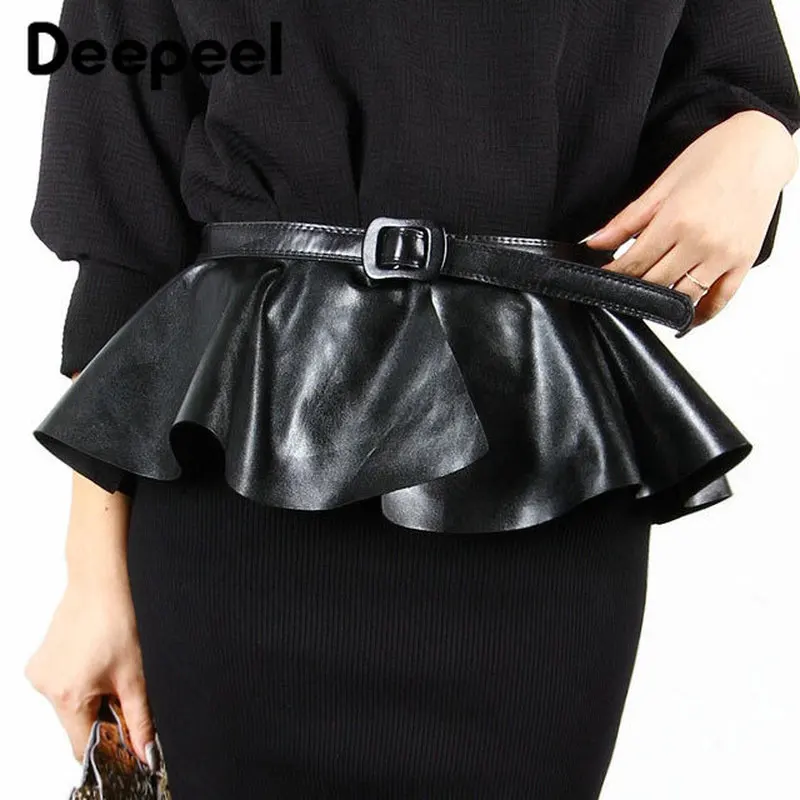 

Черный кожаный пояс deepeel1 шт., 2,4 см * 101 см, с оборками, Женская юбка с декоративным широким поясом, YK641