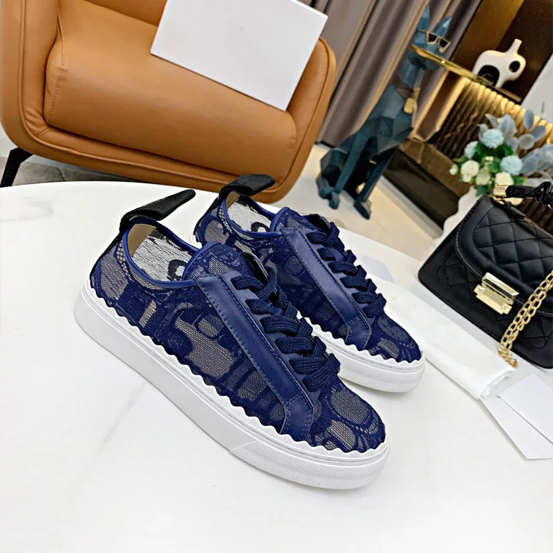 

Ladies Fashion Casual Shoes 2021 Flat Thick Bottom Breathable Embroidered Lace-up Sneakers Spring/Summer Mesh Comfortable 35-40