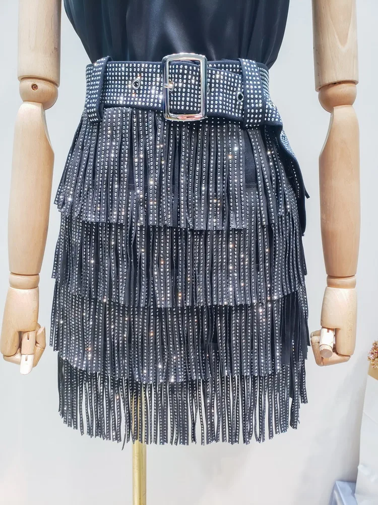 Летняя женская юбка новинка Ins супер мода стразы бахрома расшитая блестками с