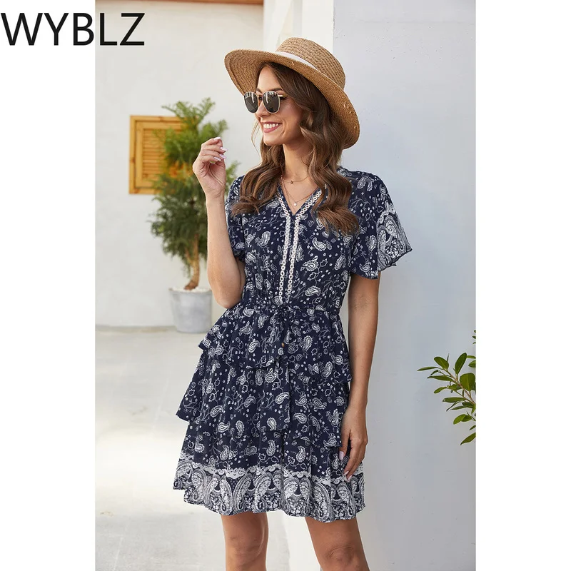 

WYBLZ женское мини Boho Цветочный принт летние пляжные платье в богемном стиле с короткими рукавами, v-образная горловина, вечернее вечерние эле...
