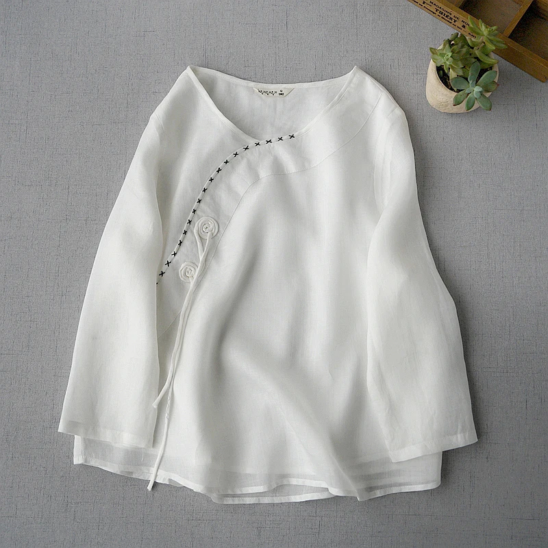 

Женская Свободная блузка в стиле ретро, винтажная блузка в китайском стиле с пуговицами, рукавом три четверти и эффектом потертости, весна-л...