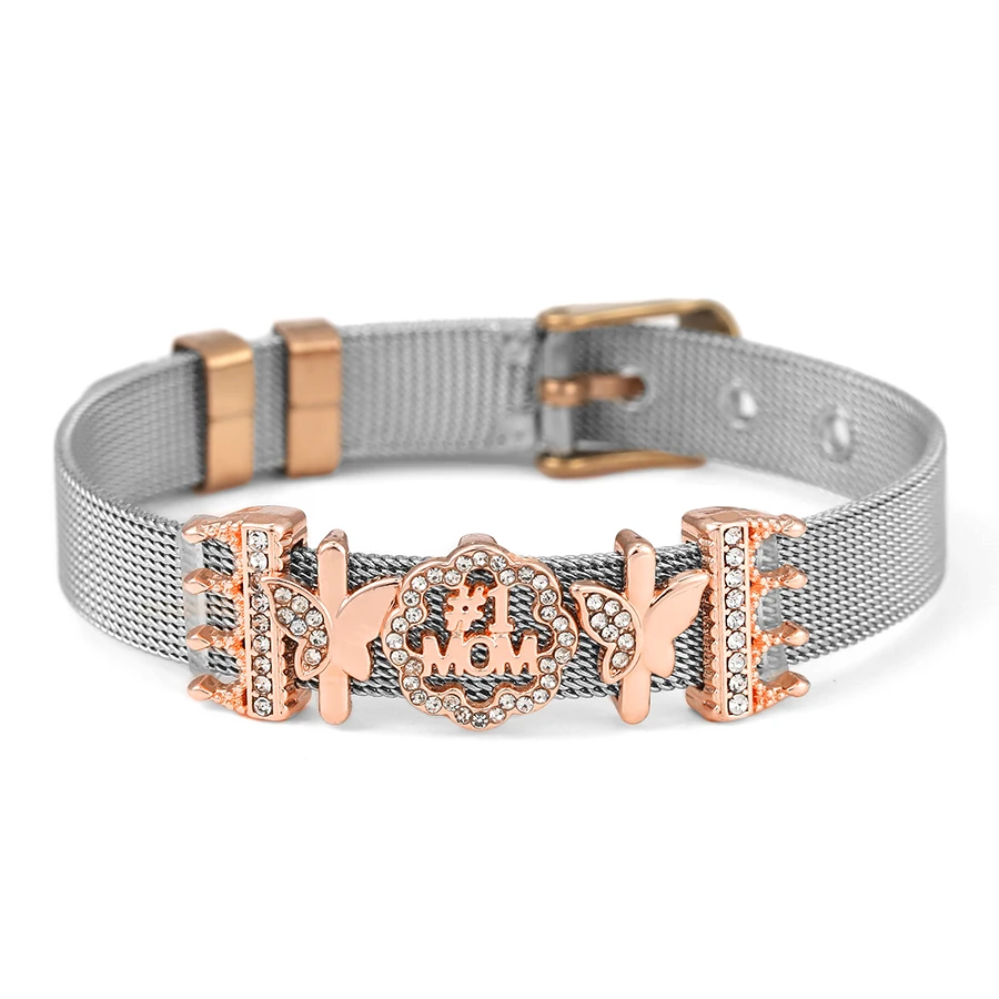 

DINGLLY Two-tone Stainless Steel Bracelets For Women Girls Golden Crown Butterfly #1 MOM Beads 10mm Mesh Belt Bangles Gifts
