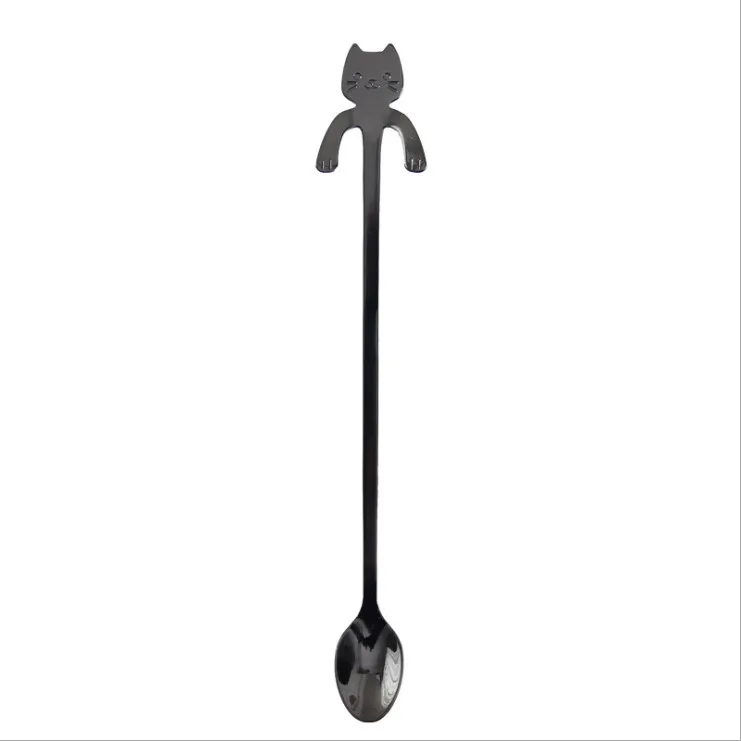 Long Black Милый мультяшный Кот из нержавеющей стали Ручка подвесной чайный кофе ложка Мороженое столовые приборы посуда для кемпинга пикника - Цвет: Long Black