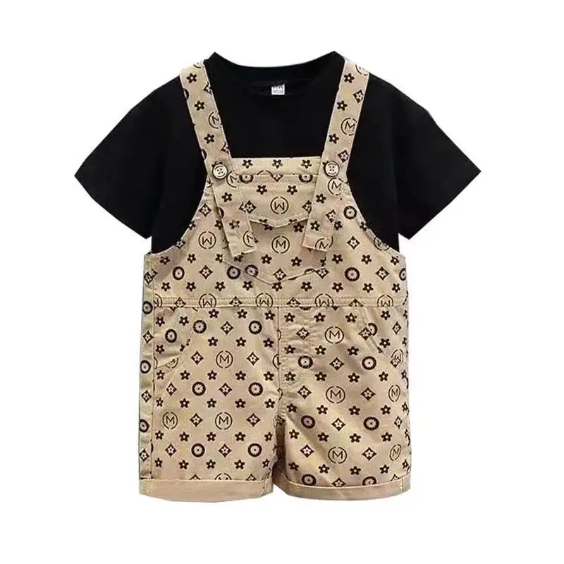 

Летняя одежда для маленьких мальчиков и девочек, комплекты детской одежды, рубашка с коротким рукавом + комбинезоны, крутой хлопковый костю...