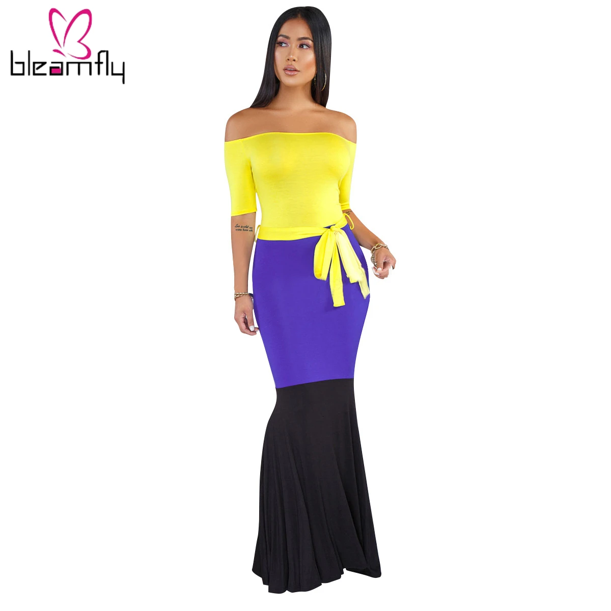 2019 Женское Платье макси с открытыми плечами и вырезом лодочкой рукавом средней