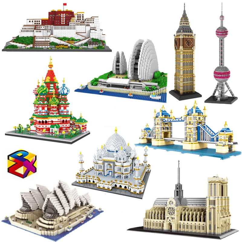 

PZX Architecture Notre Dame de Paris Opera House Taj Mahal Potala Palace Tower Bridge 3D Mini Diamond Blocks Building Toy no Box