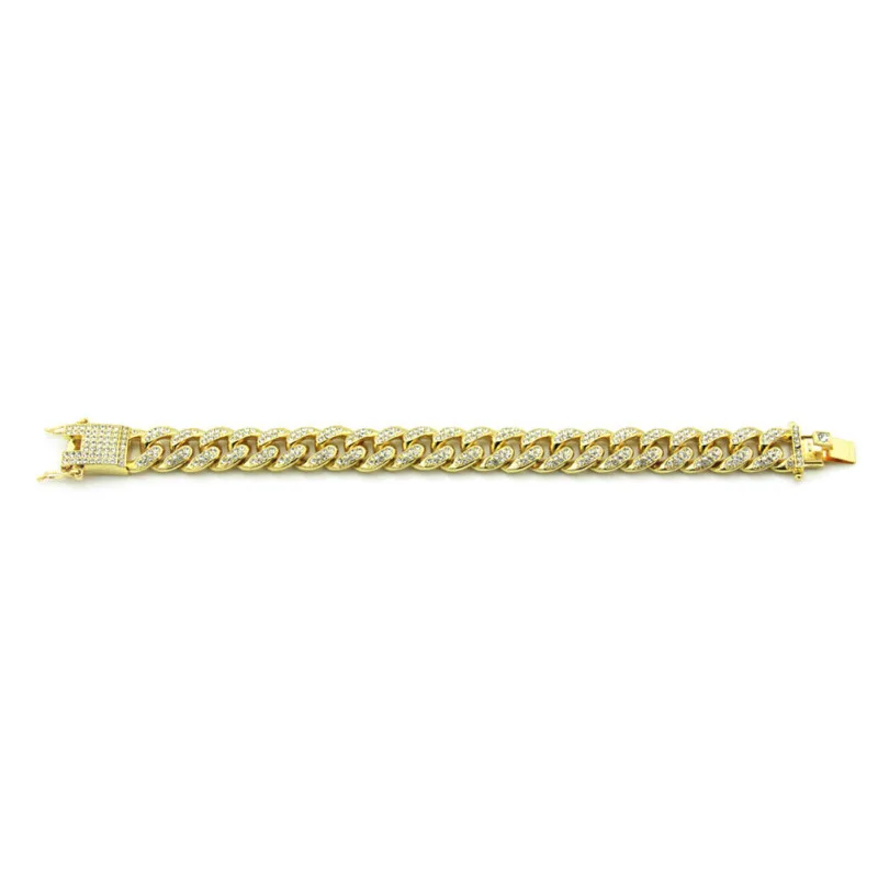 

MOFLO Hips Hops Men's 12mm Cuban Chain Bracelet Gold Plated Pave Full Crystal Cuban Link Chain Bracelet