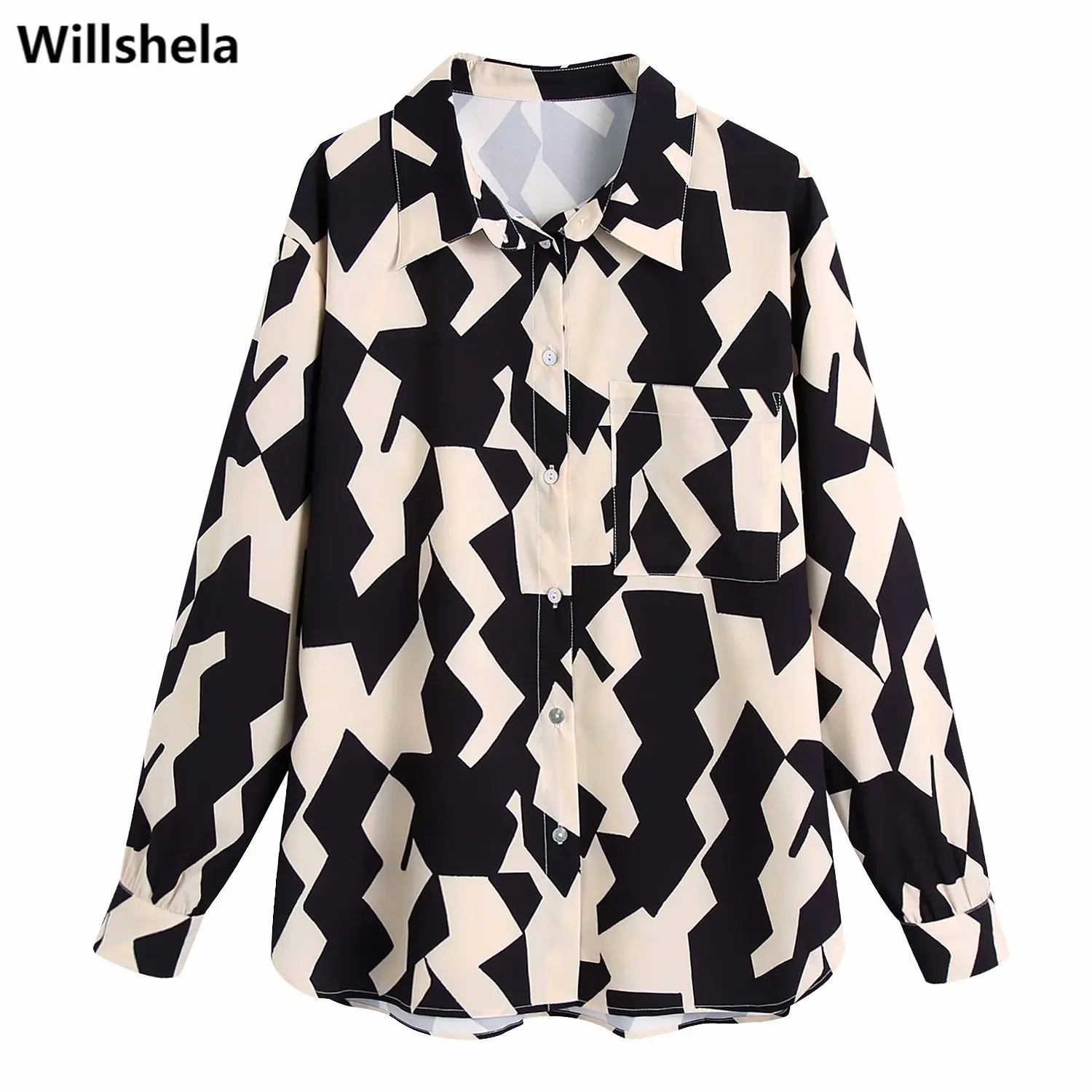 

2021 Женская винтажная блузка с принтом, рубашка с отложным воротником и передним карманом, с длинными рукавами, модные шикарные женские руба...