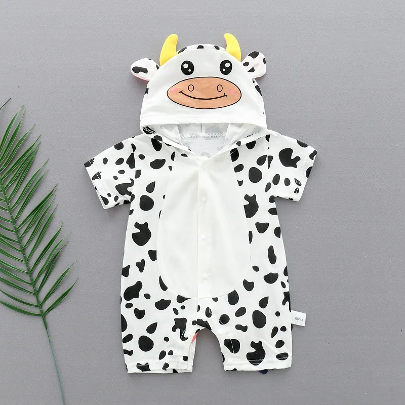 

Hot Sale!newborn Baby Summer Short Sleeve Cute Cartoon Hooded Romper Unisex Infant Boy Animal Climbing Cloths Full Moon Jumpsuit