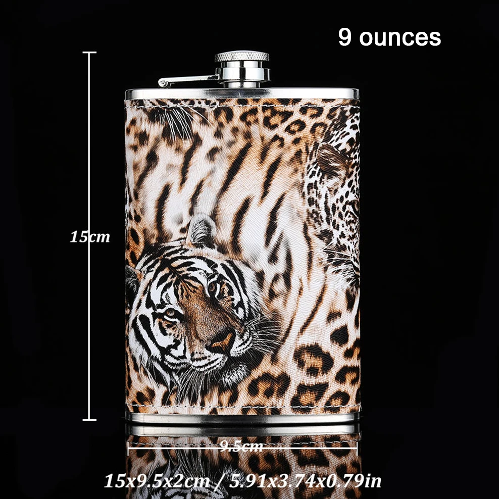 

ENERGE SPRING 9OZ Stainless Steel Hip Flask Tiger Print Leather Portable Pocket Hip Flask Outdoor Small Flagon Gifts For Men