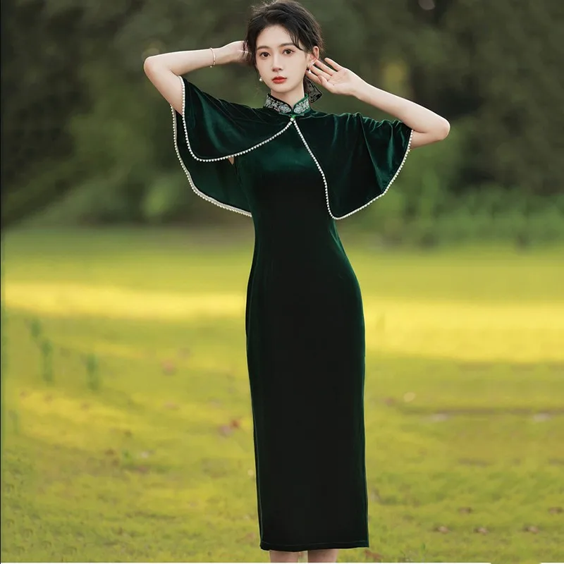 

Женское велюровое платье средней длины, пикантное платье с жемчугом, большие размеры 3XL 4XL, Qipao Grace, праздничное платье знаменитости