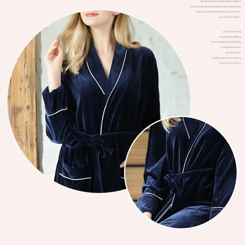 

Women Luxury Winter Velvet Long Kimono Bath Robe Solid Color Striped Plush Soft Warm SPA Nightgown Sleepwear with Pocket