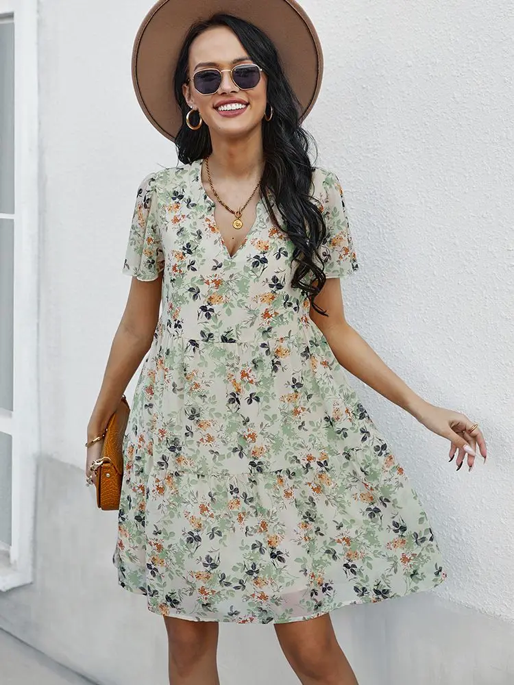 Женское пляжное платье с оборками свободное мини-платье цветочным принтом