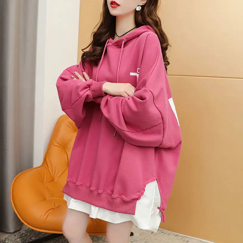 

Fried street hooded fake two-piece sweater women's spring 2021 new Korean wind loose medium and long large size jacket ins tide