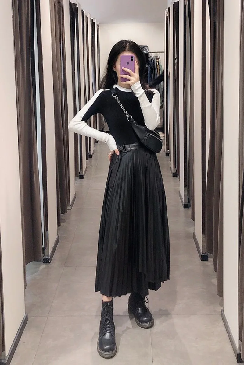 Fashion Pleated Skirt for Women Women Dance Clothing Ball Gown Black Faux Leather Faldas Mujer Moda Moda Mujer Mid-Calf Za