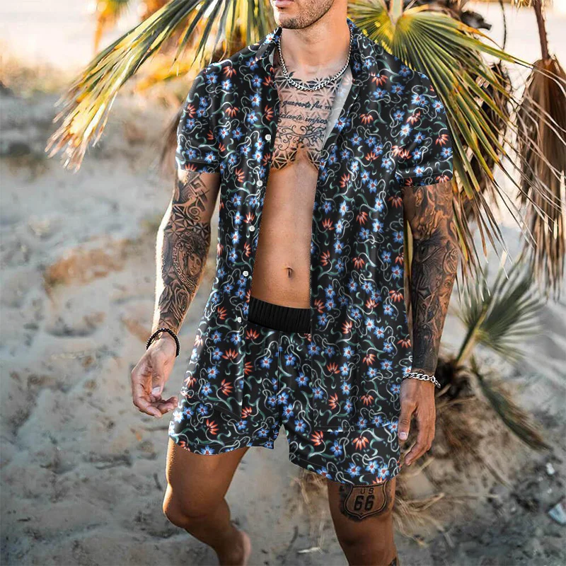

Summer new fashion men's short-sleeved lapel shirt + beach pants two-piece fashion hip-hop casual trend Hawaiian beach style