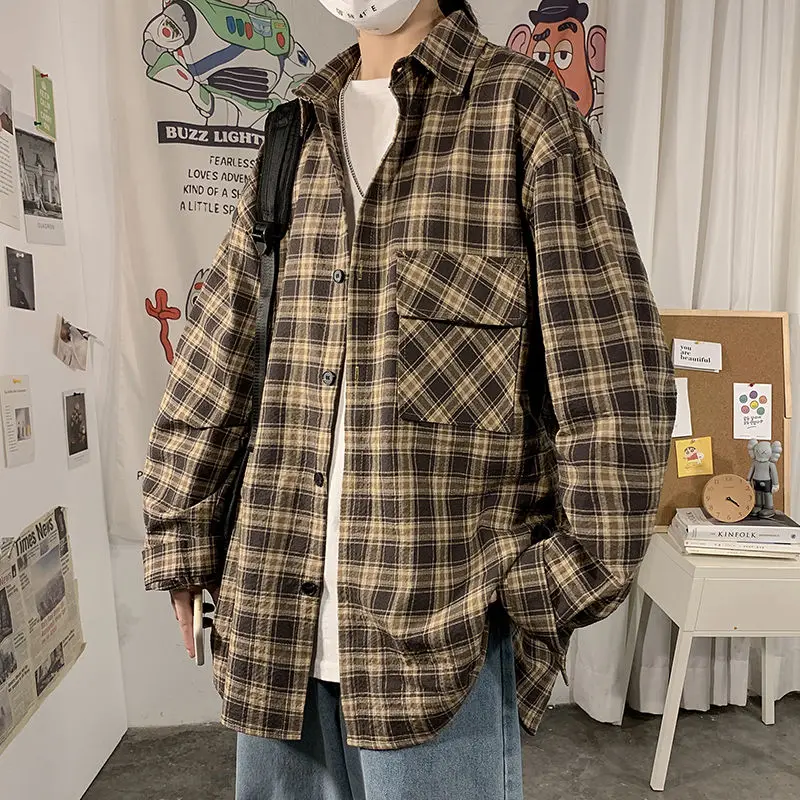 

Autumn Plaid Shirt Men's Fashion Contrast Color Retro Casual Shirts Mens Streetwear Wild Loose Korean Long-sleeved Shirt Men