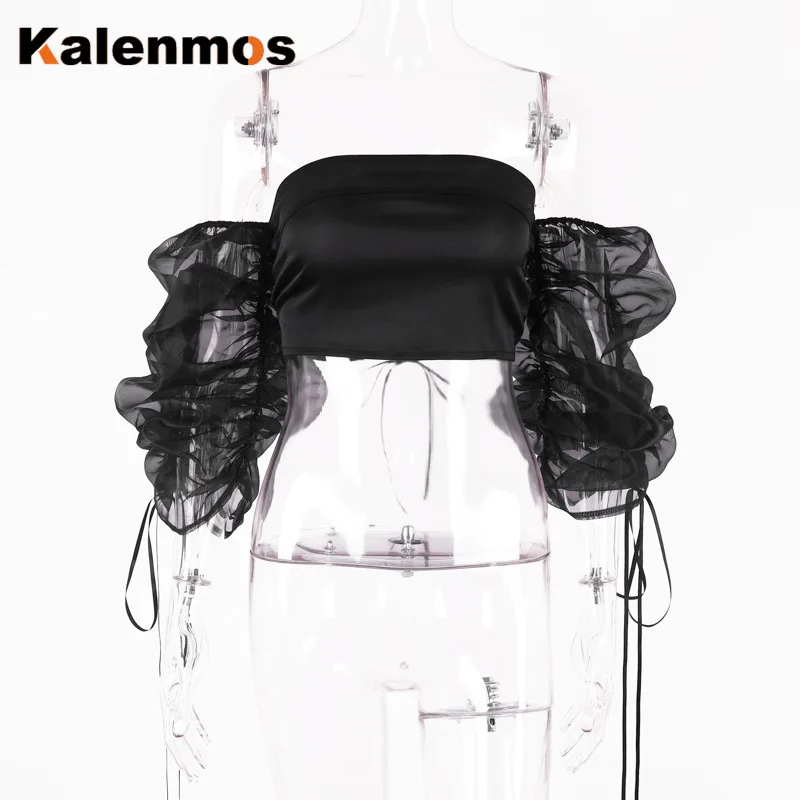 Женский укороченный топ с вырезом лодочкой и пышными рукавами без бретелек