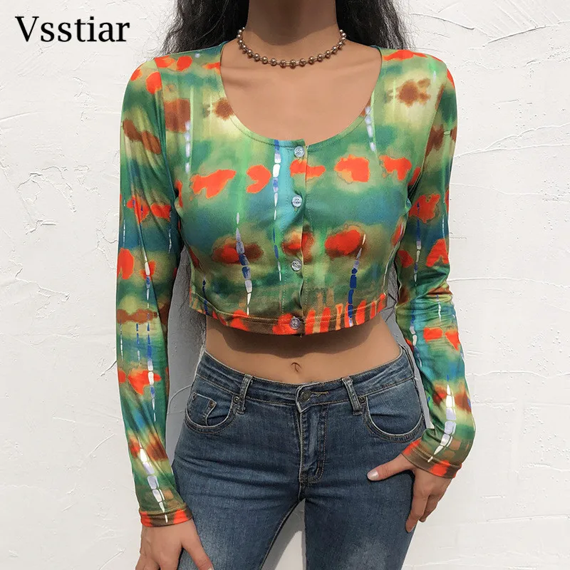 

Vsstiar Round Neck Tie Dye Cropped Sexy Buttoned Long Sleeve Top Y2K Autumn Women's Casual T-Shirt Fashion Streetwear Clothes