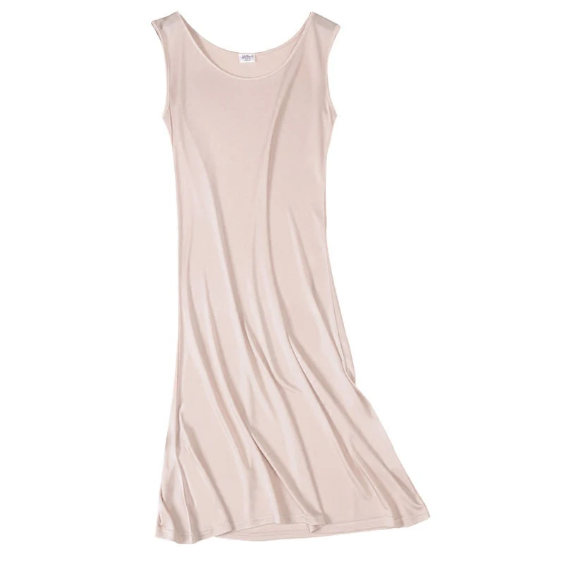 

100% Real Silk Women Sleep Dress Solid Basic Slip Anti Emptied Full Sleeveless Nude Summer Knitted Dress O-Neck Nightgowns