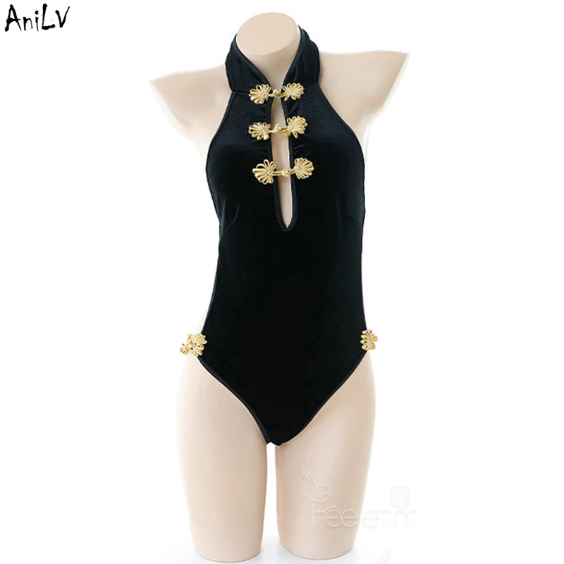 AniLV в китайском стиле для девочек Черный Cheongsam цельное боди костюм плавания