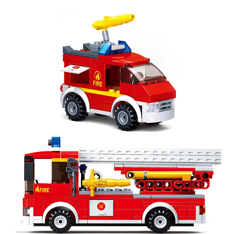 

City Spray Water Gun Toy Firetruck Fire Rescue Truck Firemen Building Blocks Set Educational Bricks Model Toys For Kids Gift