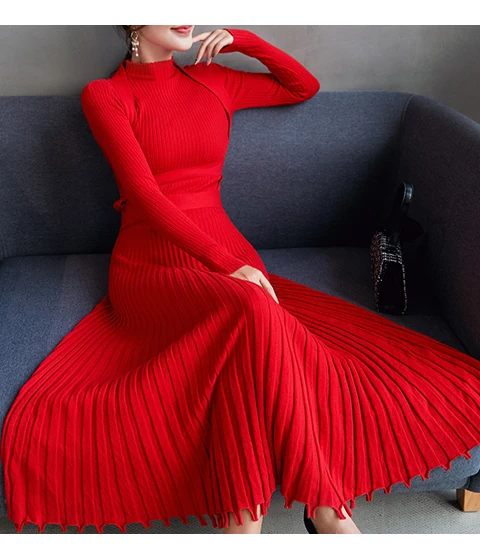 Women Slim Long Maxi Knitting Sweater Dress Autumn Winter Full Sleeve Pleated A-line Dress Big Swing Ladies Pullover Dresses